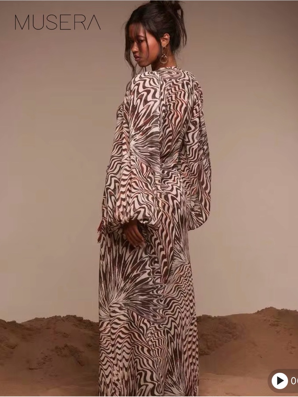 Sheer Brown & Cream Printed Maxi Dress with Tassel Tie - Picture 3 of 3